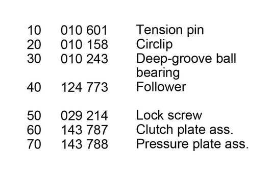 List of mechanical components with their names and numbers on a white background