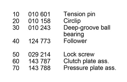 List of mechanical components with their names and numbers on a white background