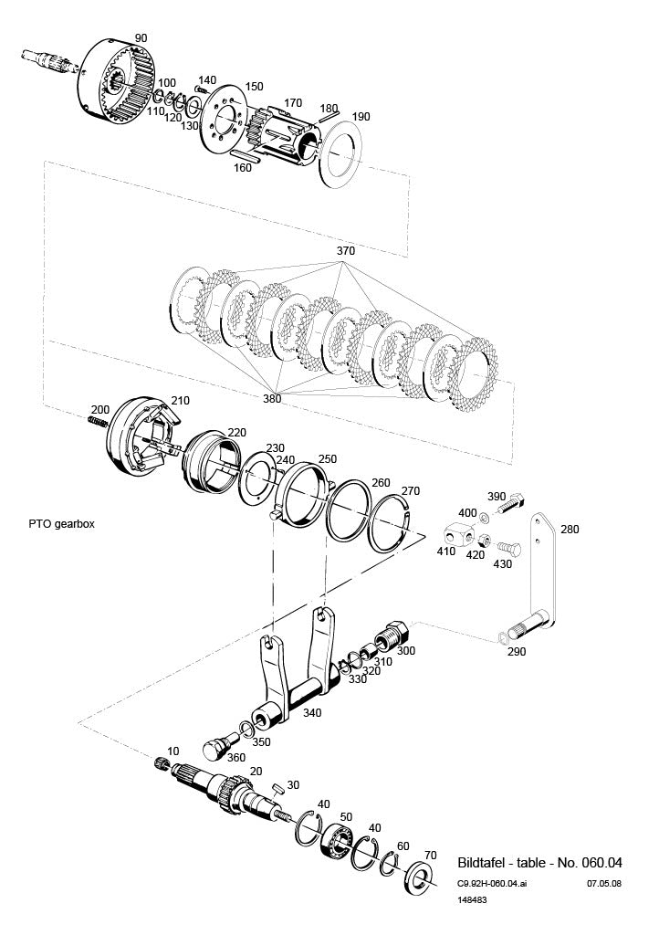 Technical diagram of a PTO gearbox with labeled components on a white background