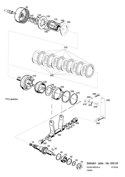 Technical diagram of a PTO gearbox with labeled components on a white background